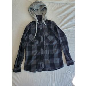 Men's plaid button down shirt with hood